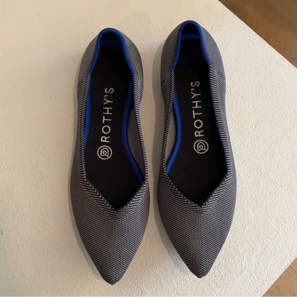 Rothy's Pointed Toe Flats in Gray with Blue Trim